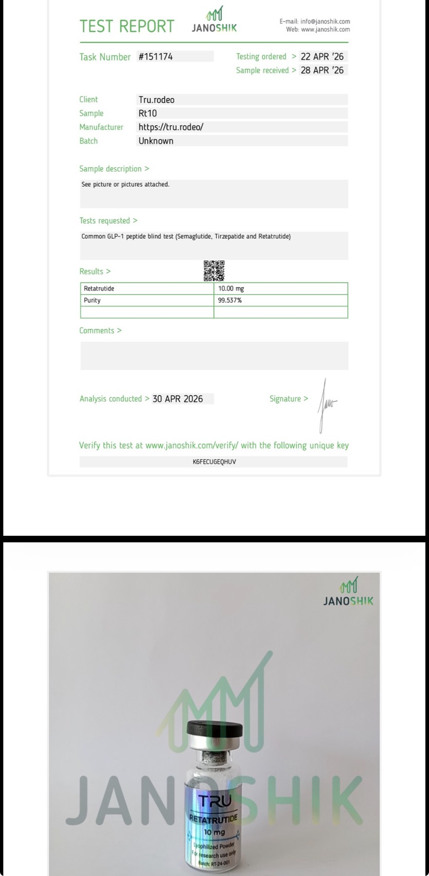 Janoshik RT10 test report